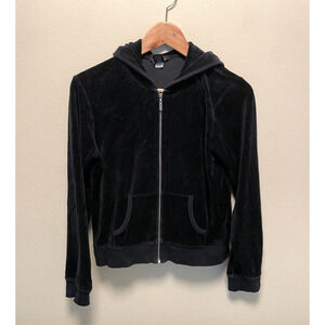 Moda International Womens Track Jacket Medium Black Velour Full Zip Grunge Y2K